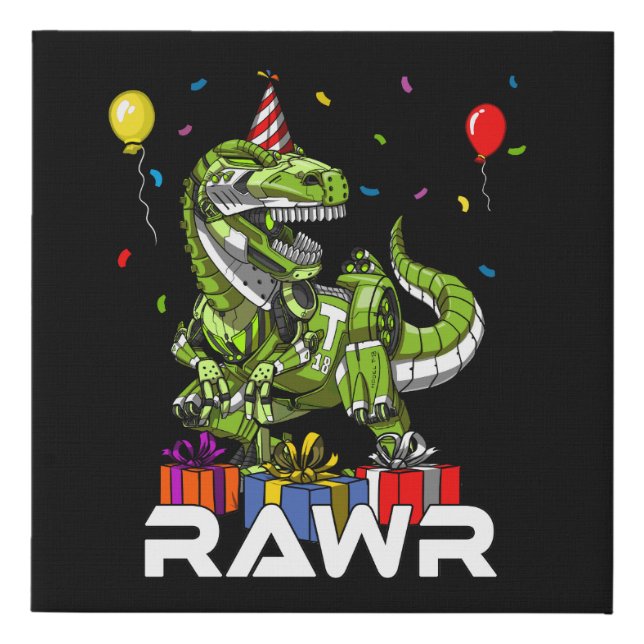 Kids T-Rex Dinosaur Robot Rawr Birthday Boy Party Faux Canvas Print (Front)
