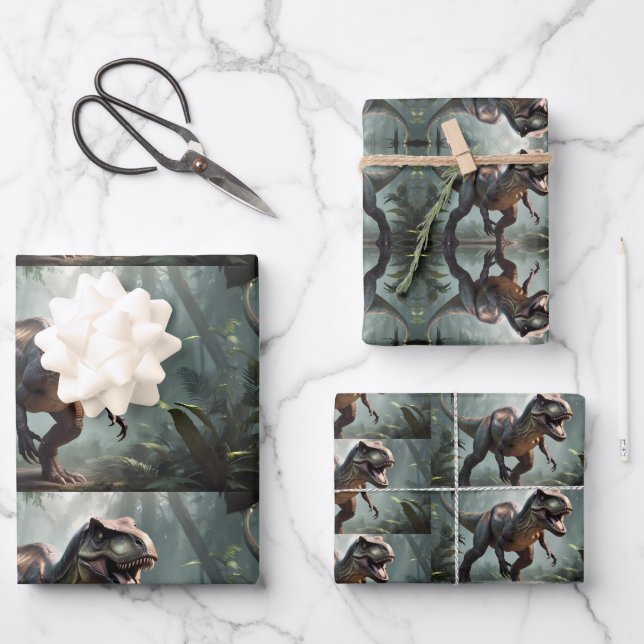 Kids T-Rex running though jungle Wrapping Paper Sheets (Front)