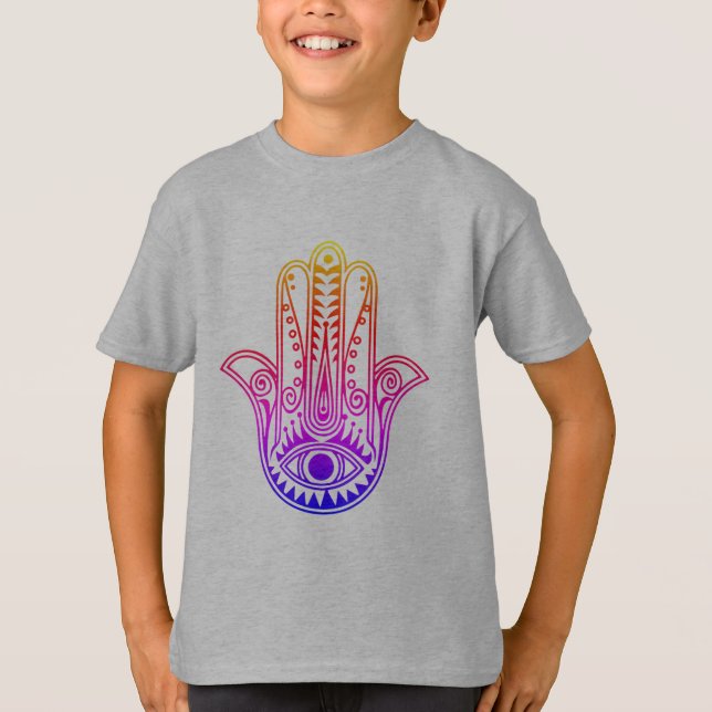 Kids t-shirt with neon Hamsa Hand with evil eye (Front)