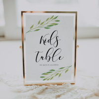Kids table Watercolor green leaves wedding sign