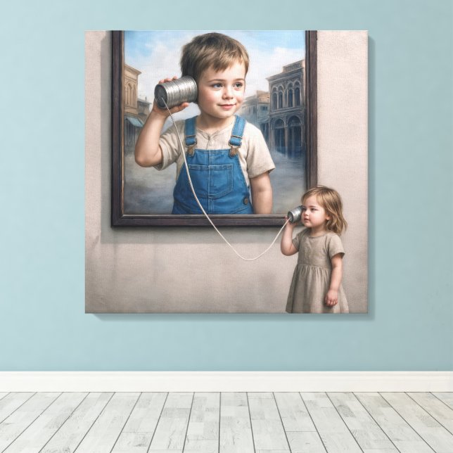 Kids Talking On a Retro Tin Can Telephone Canvas Print (Insitu(Wood Floor))