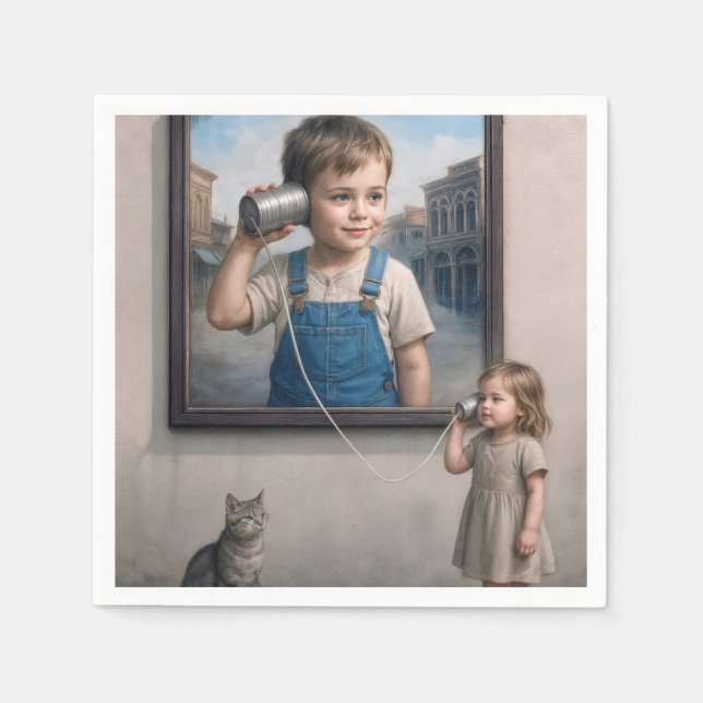 Kids Talking On a Retro Tin Can Telephone Napkins (Front)