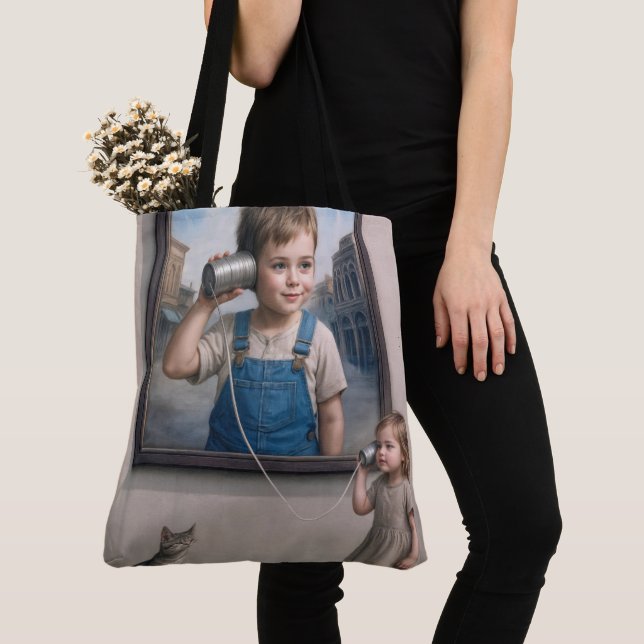 Kids Talking On a Retro Tin Can Telephone Tote Bag (Close Up)