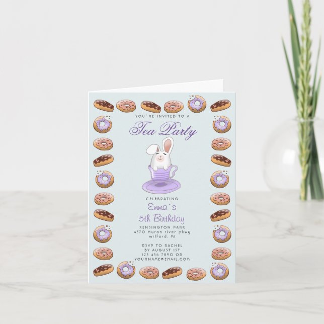 Kids tea party invitation with bunny and donuts (Front)