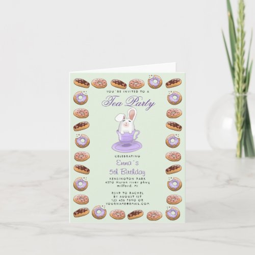 Kids tea party invitation with bunny and donuts