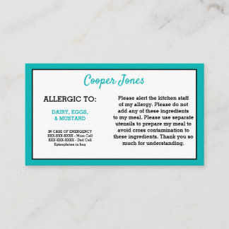 Kids Teal Allergy Alert Restaurant Emergency Calling Card