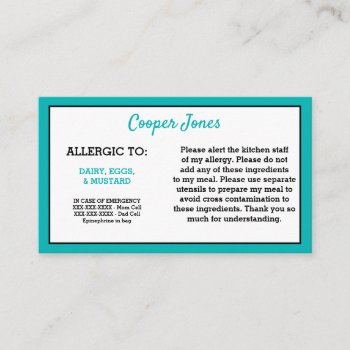 Kids Teal Allergy Alert Restaurant Emergency Calling Card by LilAllergyAdvocates at Zazzle