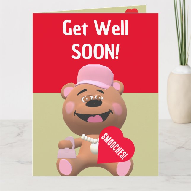 Kids Teddy Bear with Heart Get Well Soon Card (Front)