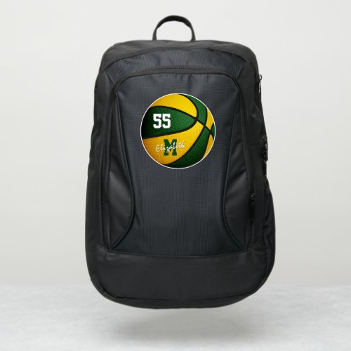 basketball player backpack with green gold team colors