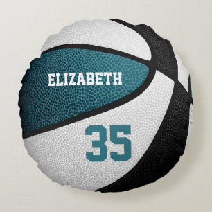 Kids teens teal black team colors basketball round pillow