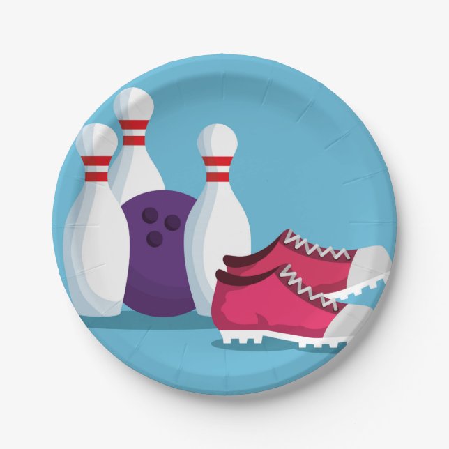 Kid's ten pin bowling party theme paper plates (Front)