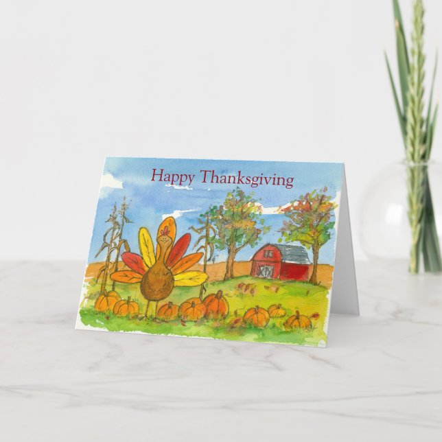 Kids Thanksgiving Turkey Red Barn Pumpkin Patch Holiday Card (Front)