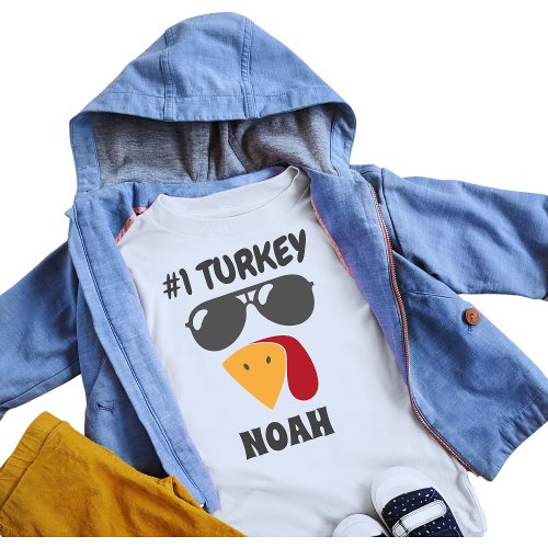 Kids Thanksgiving Turkey with Shades Name Baby T_Shirt