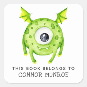 Kids This Book Belongs To Cute Green Monster Square Sticker