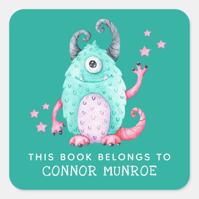 Kids This Book Belongs To Cute Monster Square Sticker (Front)