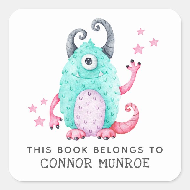 Kids This Book Belongs To Cute Monster Square Sticker (Front)