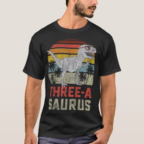 Kids Three a Saurus Birthday T Rex 3 Year Old Dino T_Shirt