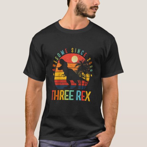 Kids Three Rex 3rd Birthday Boy Third Dinosaur Awe T_Shirt