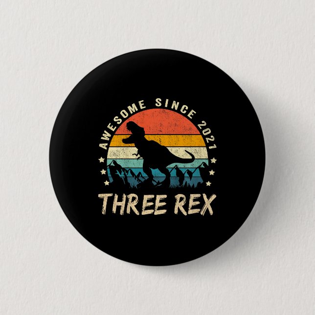Kids Three Rex 3rd Birthday Third Dinosaur 3 Year  Button (Front)