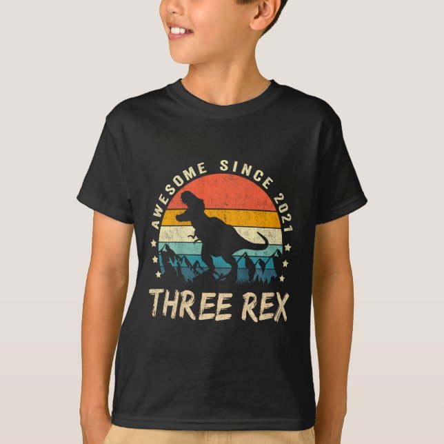 Kids Three Rex 3rd Birthday Third Dinosaur 3 Year  T-Shirt (Front)
