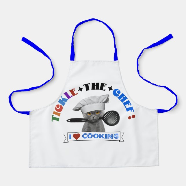 Kids "Tickle the Chef" Funny Cat apron, Blue 70's Apron (Front)