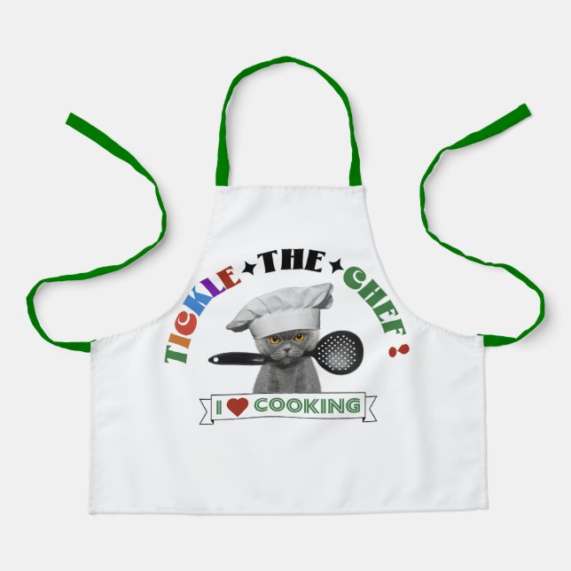 Kids "Tickle the Chef" Funny Cat Apron, Green 70's Apron (Front)
