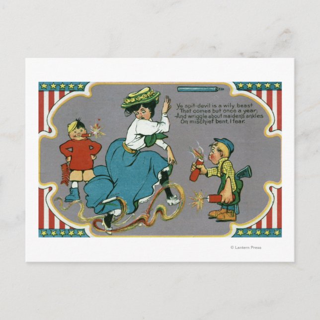Kids Tormenting Woman with Fireworks Postcard (Front)