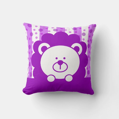 Kids Toy Lion Stripes Polka Dots  purple Throw Pillow