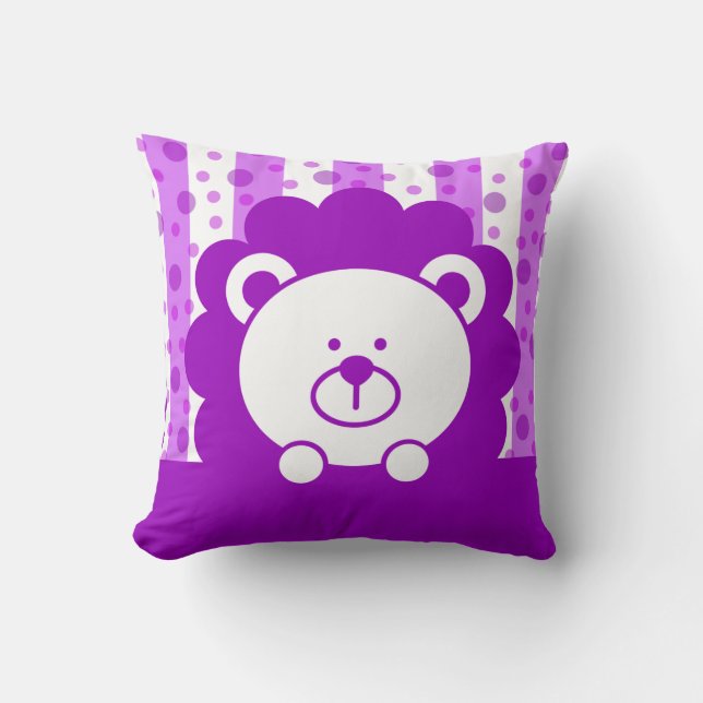 Kids Toy Lion Stripes Polka Dots | purple Throw Pillow (Front)