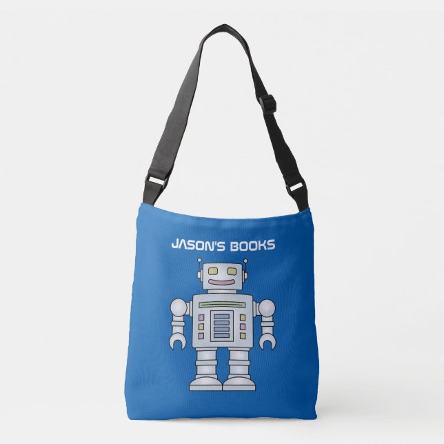 Kids toy robot personalized library book tote bag (Front)