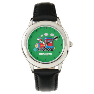 Kids Train Boys Black Custom Name Watch