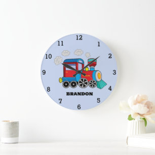 Kids Train Boys Blue Custom Name Large Clock