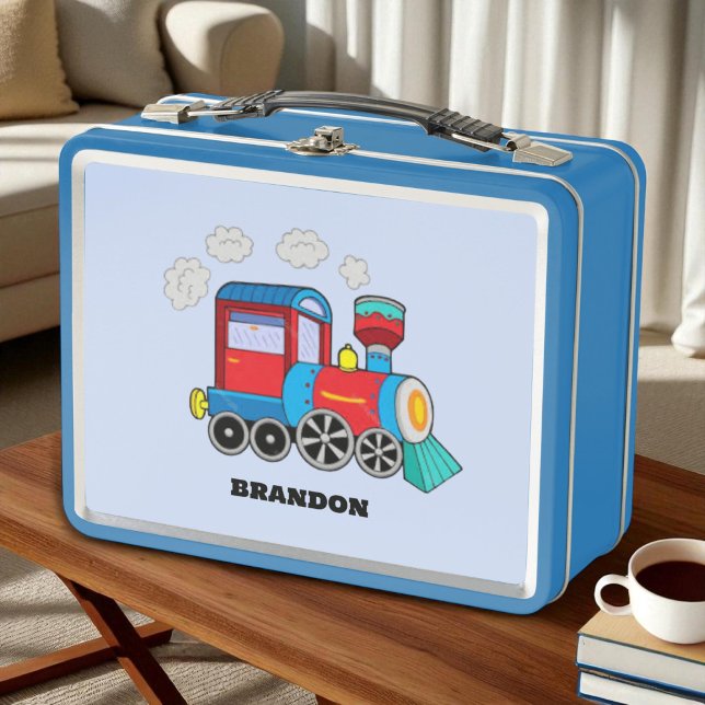 Kids Train Boys Blue Custom Name Metal Lunch Box (Creator Uploaded)