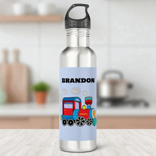 Kids Train Boys Blue Custom Name Stainless Steel Water Bottle