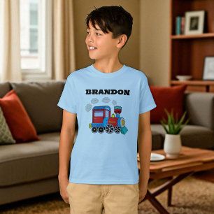 Kids Train Boys Blue Custom Name T-Shirt