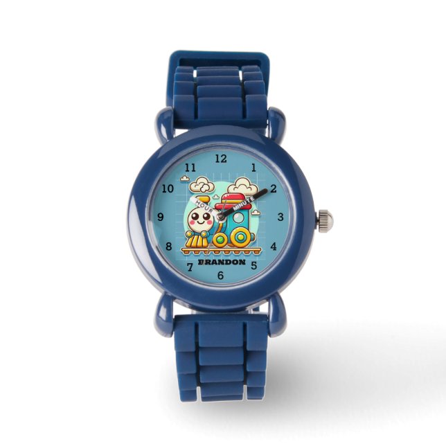 Kids Train Boys Blue Custom Name Watch (Front)