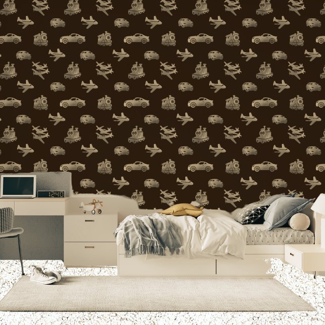 Kids Trains Planes And Cars Metallic Bronze Brown Wallpaper (Boys Bedroom)
