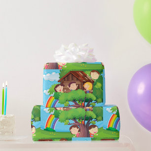 Kids Treehouse with Rainbow and Happy Children Wrapping Paper