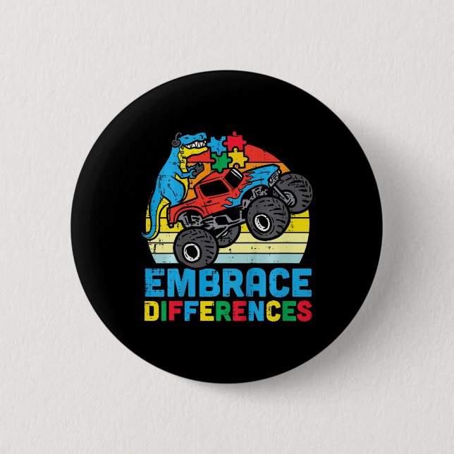 Kids Trex Monster Truck Embrace Differences Autism Button (Front)