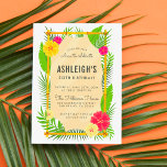Kids' Tropical Bamboo Frame Luau Birthday Party Invitation Postcard<br><div class="desc">This fun invite features a bamboo frame with a stretched canvas. There are tropical leaves and colorful, exotic flowers peeping through from behind. To change the party details, simply type your custom text into the template boxes. These postcards reverse to a pale pink color. This design is perfect for both...</div>