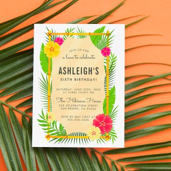 Kids' Tropical Bamboo Frame Luau Birthday Party Invitation Postcard by Cali_Graphics at Zazzle