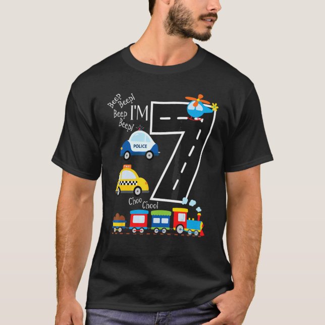 Kids Trucks Train 7th Birthday Party Toddler 7 Yea T-Shirt (Front)