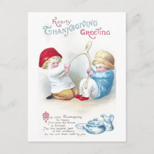 Kids Tug on Giant Wishbone Vintage Thanksgiving Holiday Postcard