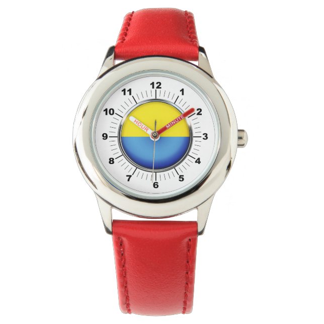 Kid's Ukraine Flag Red Leather Strap Watch (Front)