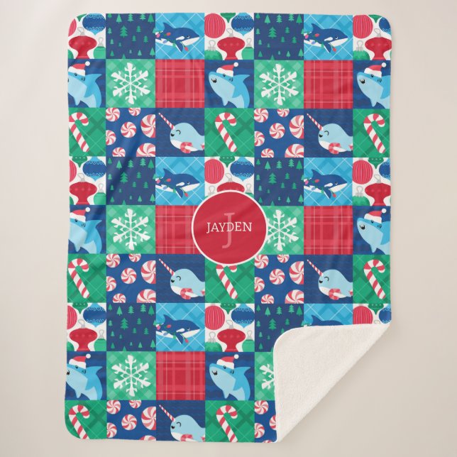 Kids Under The Sea Christmas Patchwork Quilt Sherpa Blanket (Front)