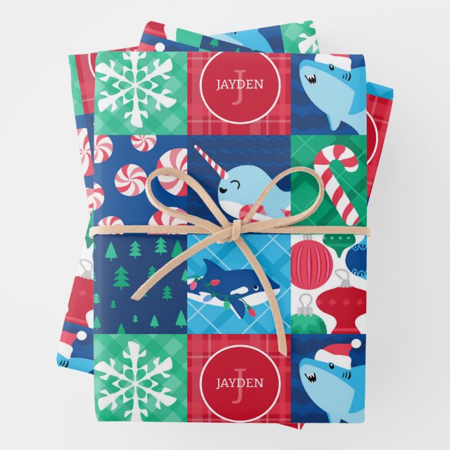 Kids Under The Sea Christmas Patchwork Wrapping Paper Sheets (In situ)