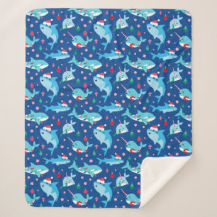 Kids Under The Sea Christmas Shark Narwhal Sherpa Blanket