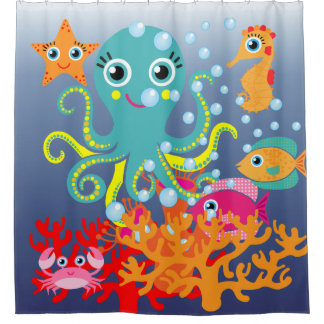 Kids Under the Sea Ocean Aquatic Octopus Fish Shower Curtain