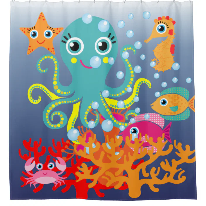 Kids Under The Sea Ocean Aquatic, Kids Fish Shower Curtain