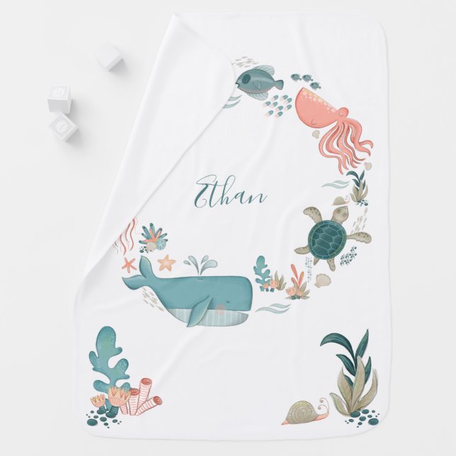 Kids Under the Sea Personalized Name Watercolor Baby Blanket (In Situ)